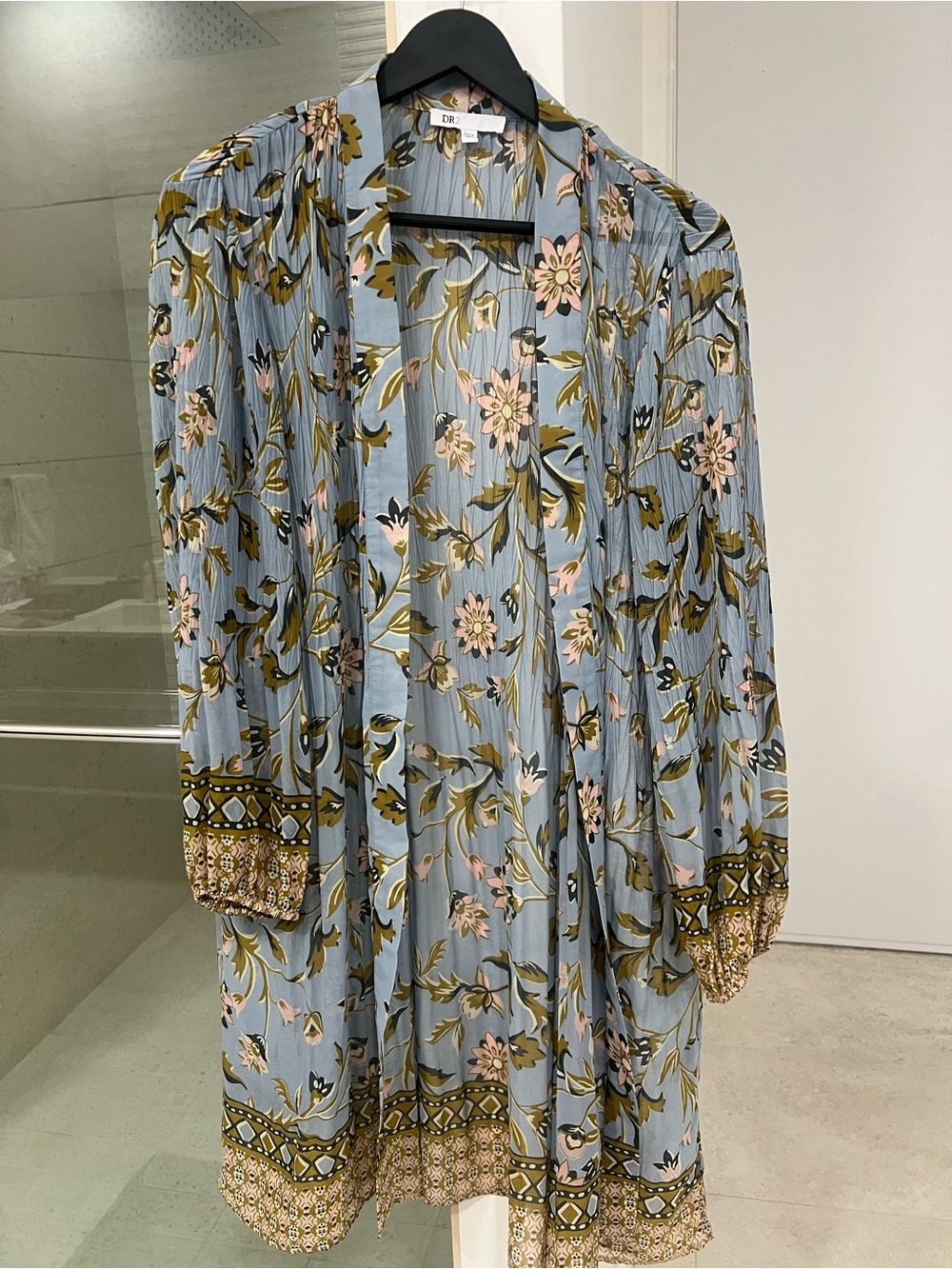 DR2 Light Blue Floral Open-Front Midi Dress with Border Trim